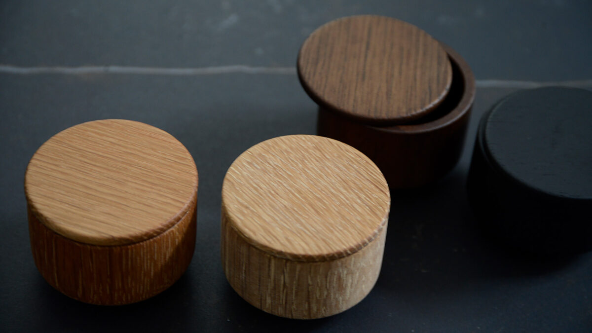 small lidded pots in oak colour range