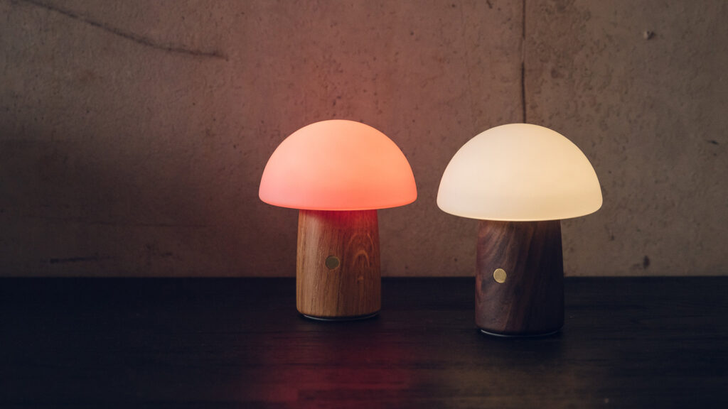 mini LED mushroom lights with colour change or white light and wooden bases