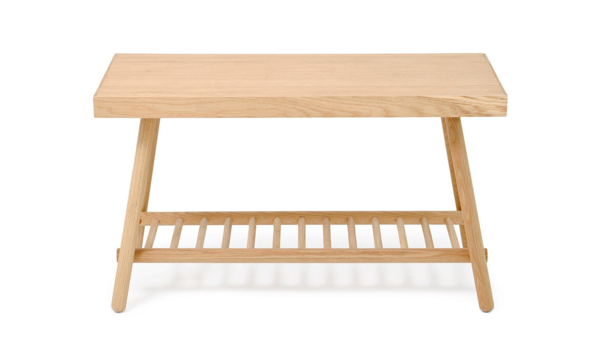 75cm wide oak bench or table with lower spindle storage shelf
