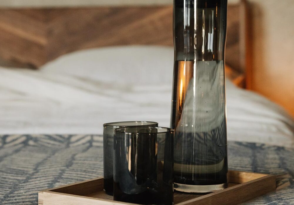 smoke glass carafe and tumblers 1400