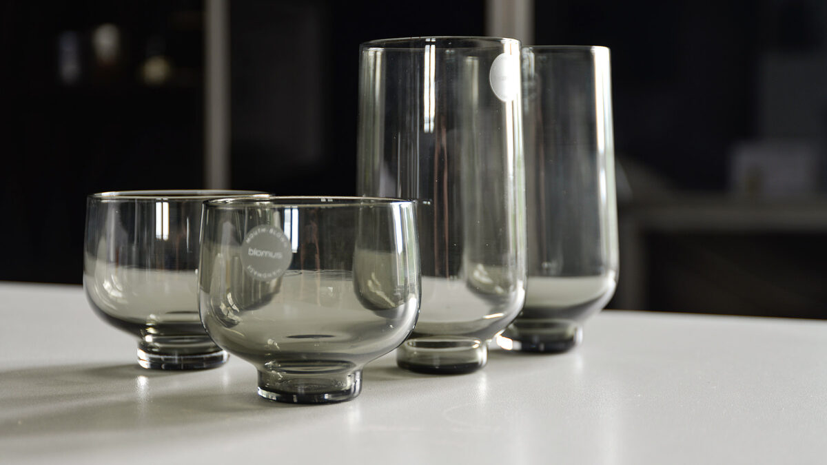 drinking glasses in smoke grey glass