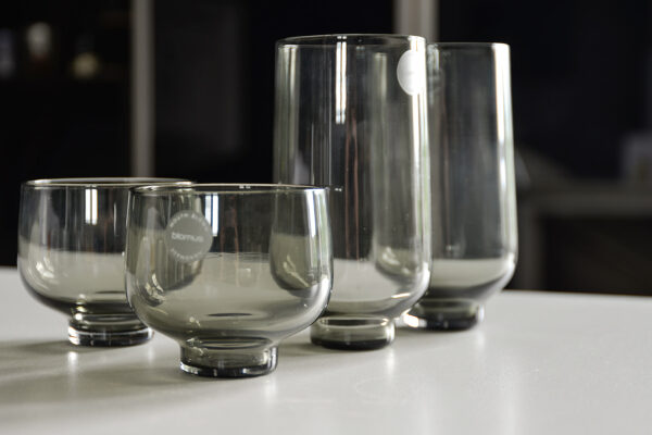 drinking glasses in smoke grey glass