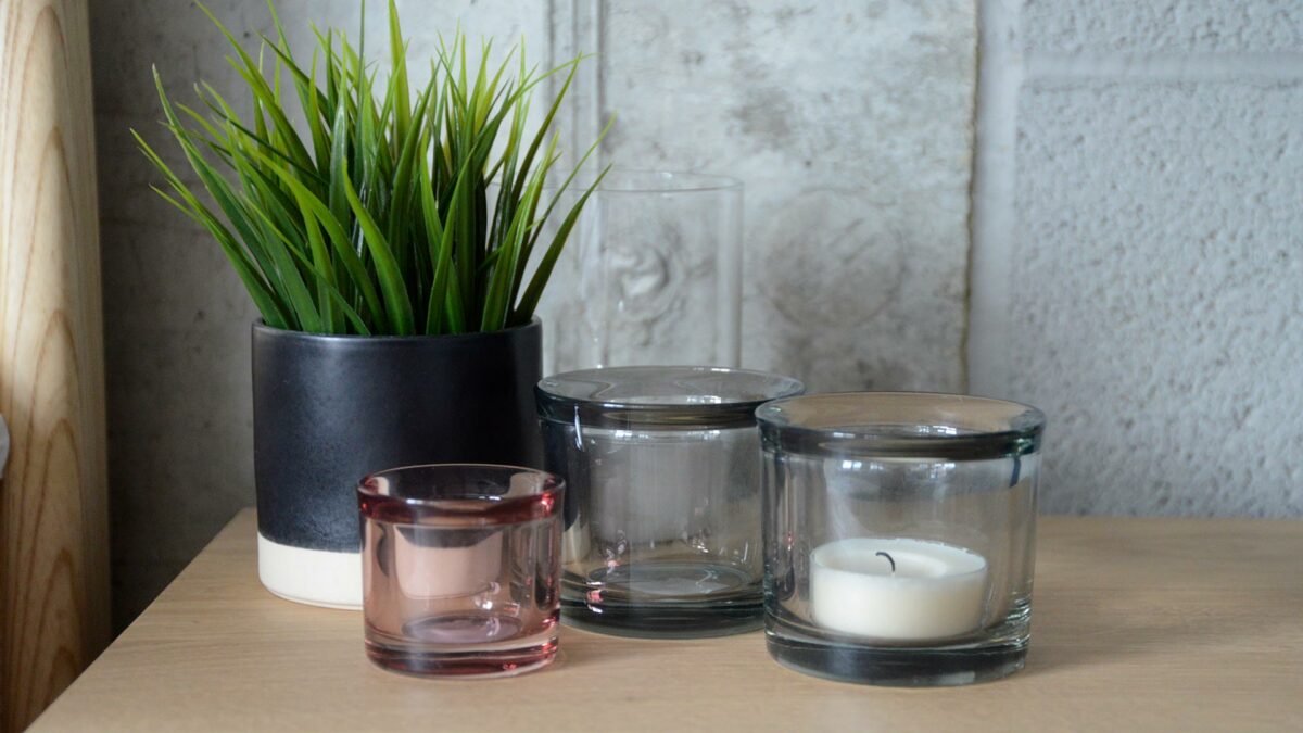 smoke grey and warm rose glass candle holders