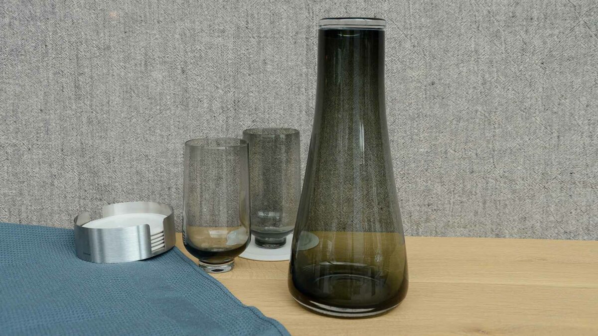 smoked glass carafe with glasses and coasters main image