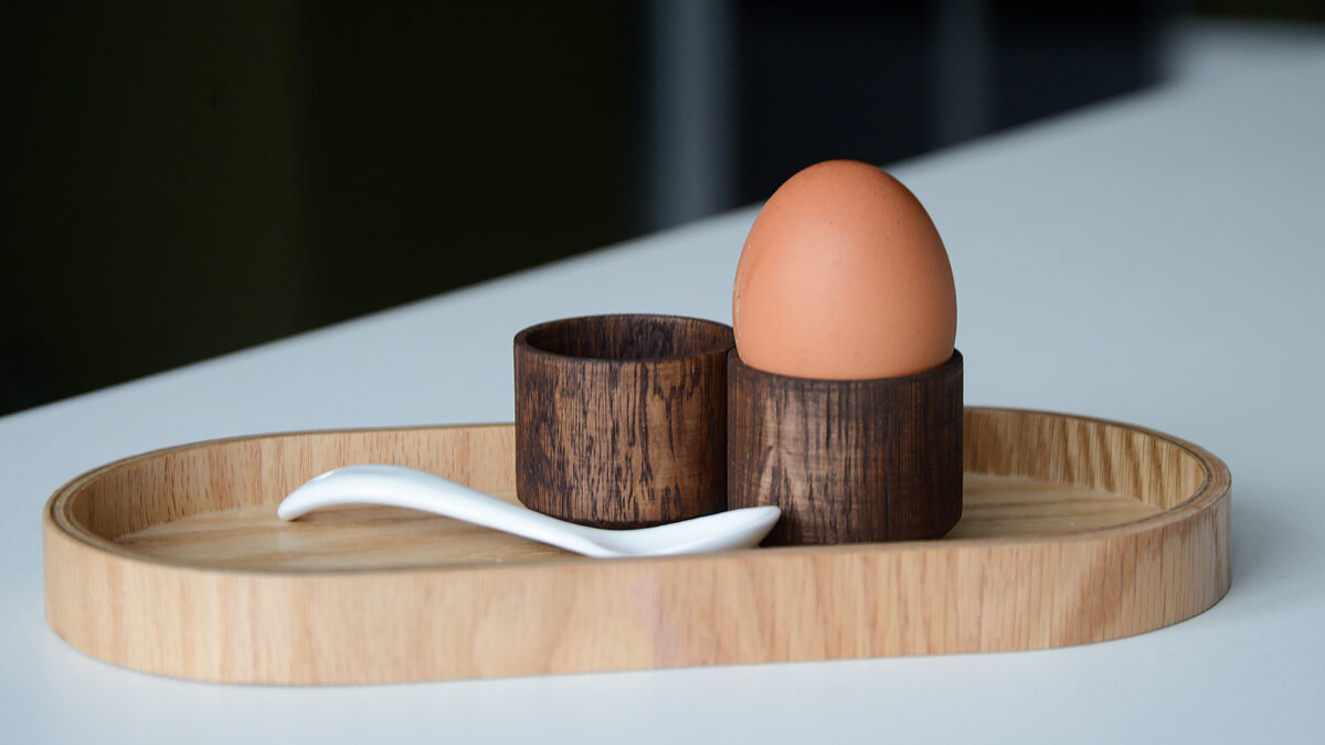 smoked oak egg cups with oak tray and spoon