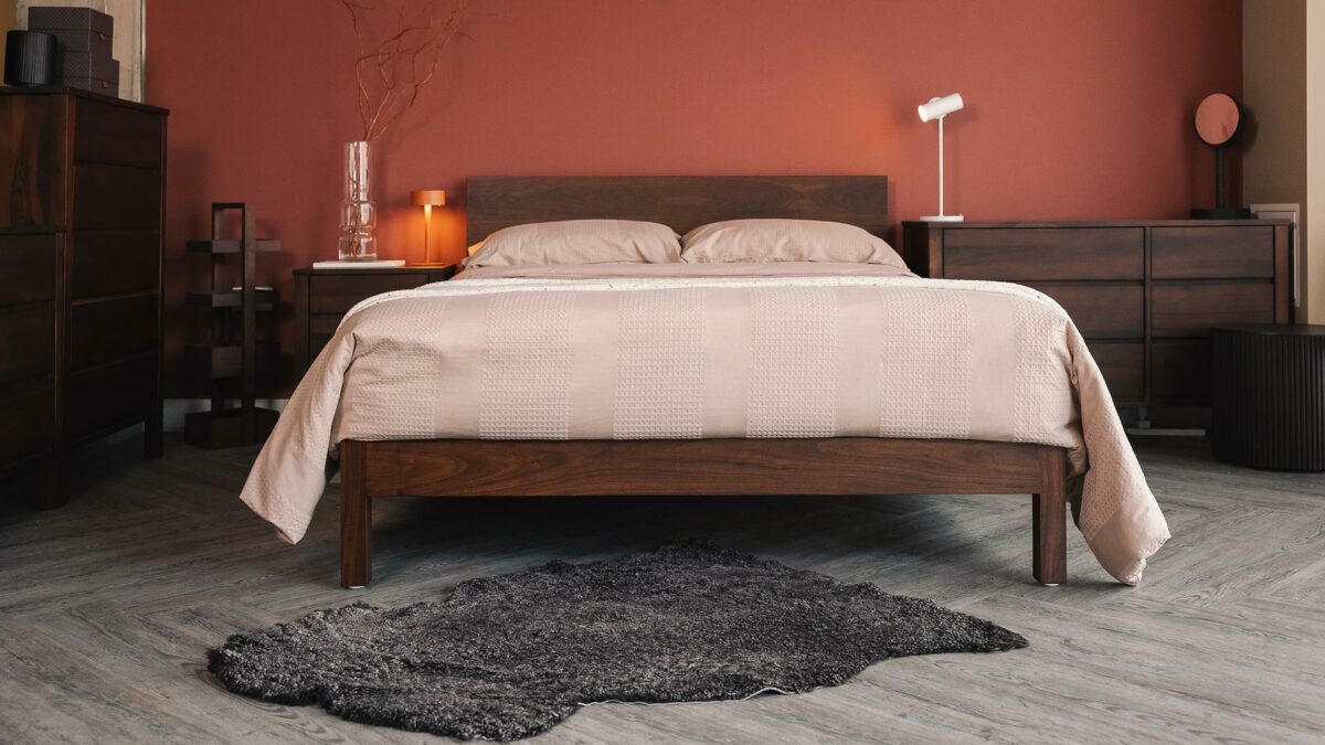 smoked walnut Malabar with espresso brown sheepskin and waffle stripe bedding