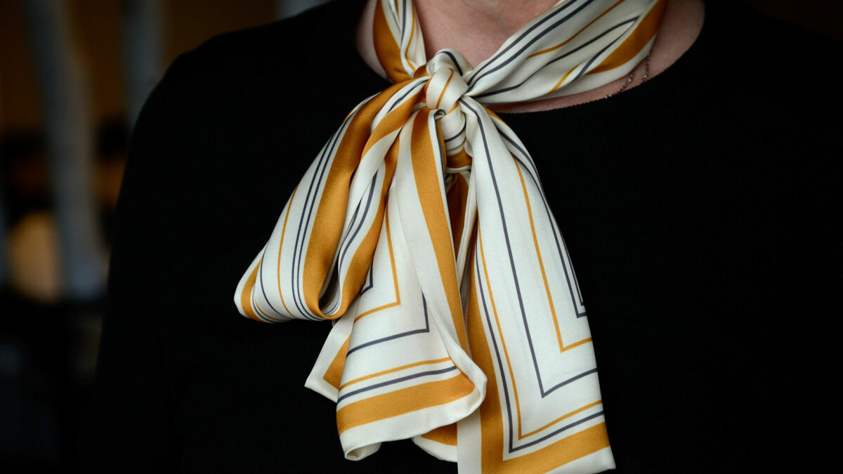 soft and slim silk-feel scarf in ivory with yellow ochre and black stripes