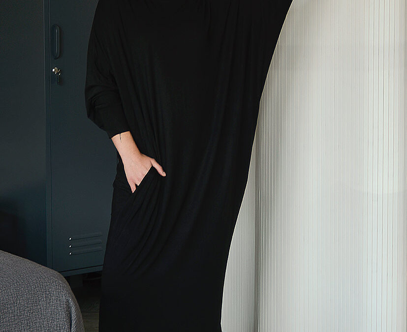 soft jersey draped black dress with batwing sleeves