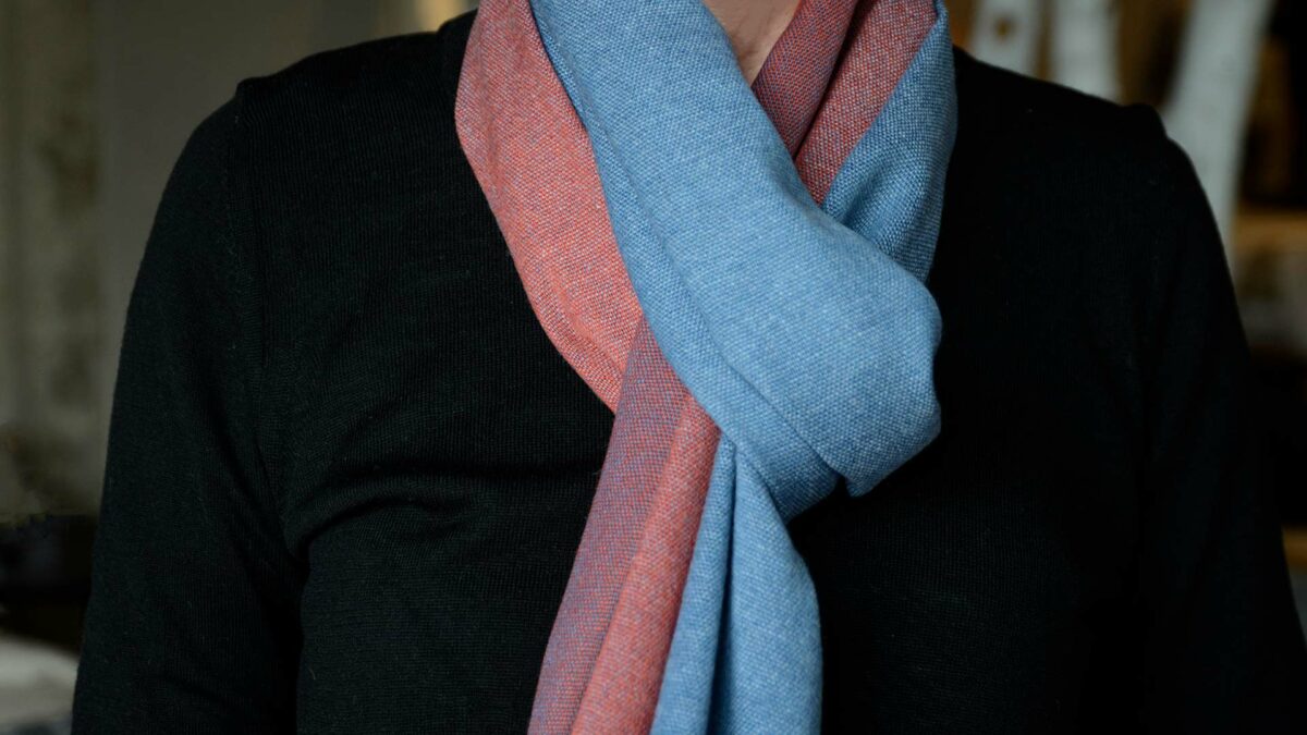 lightweight colourful woven merino wool scarf shown tied