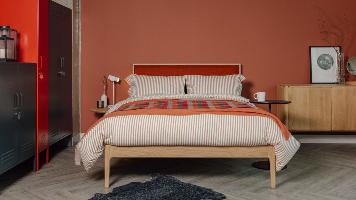 solid oak Carlisle bed with red headboard scaled