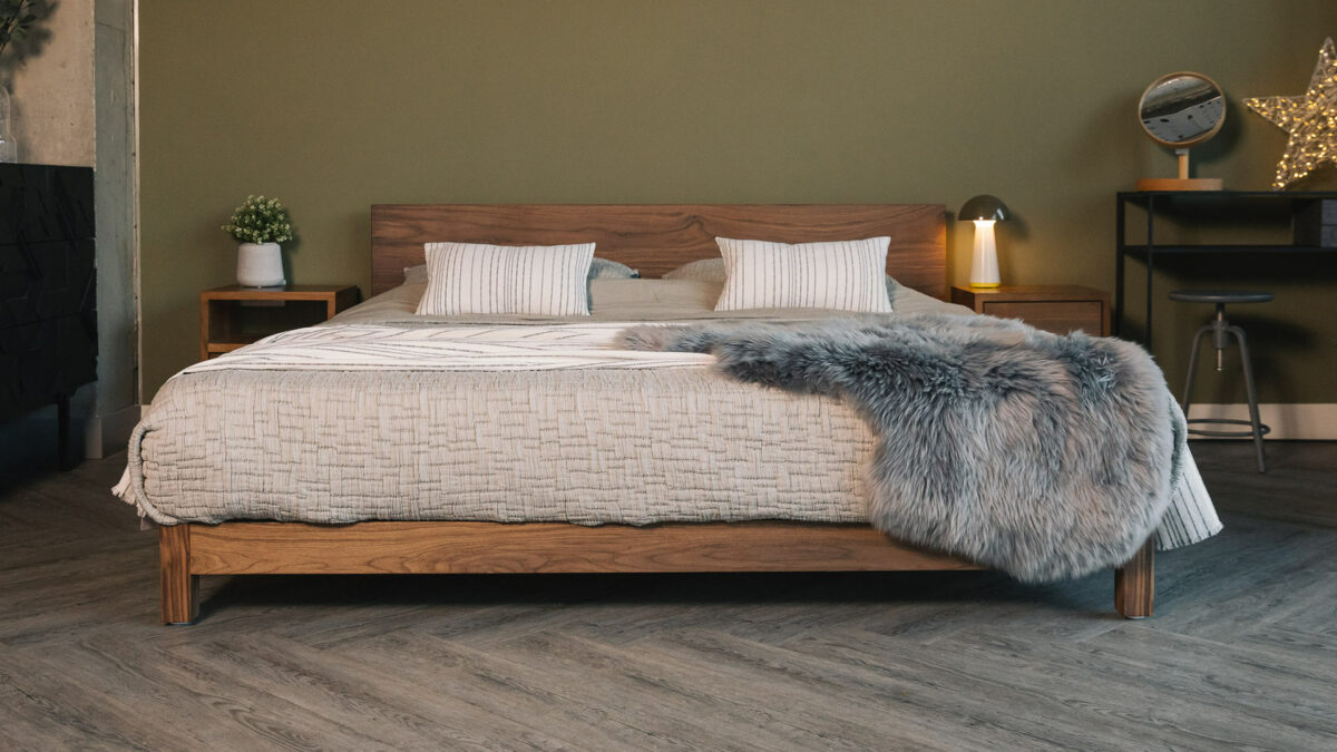 solid walnut superking bed sonora with sheepskin