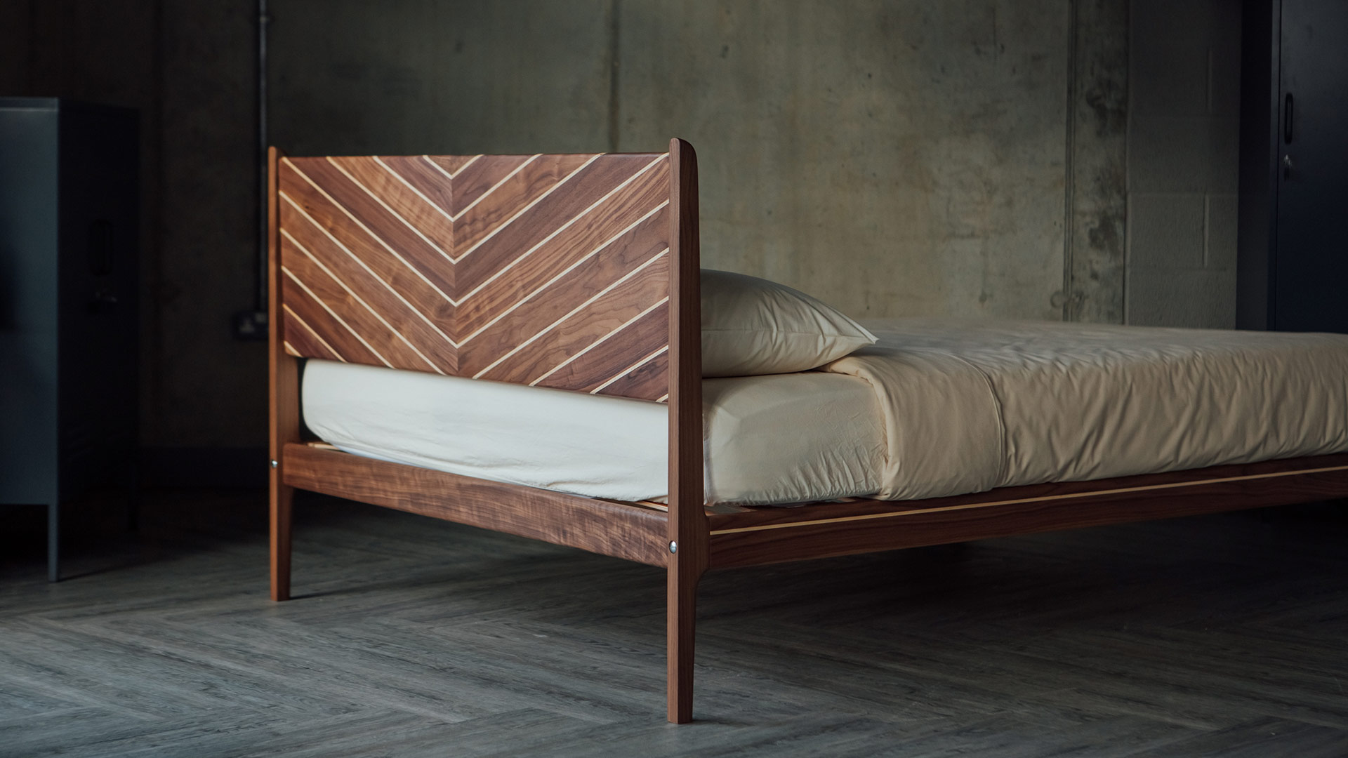 Photo showing the reverse of the handmade Special edition Hoxton bed headboard in walnut and maple