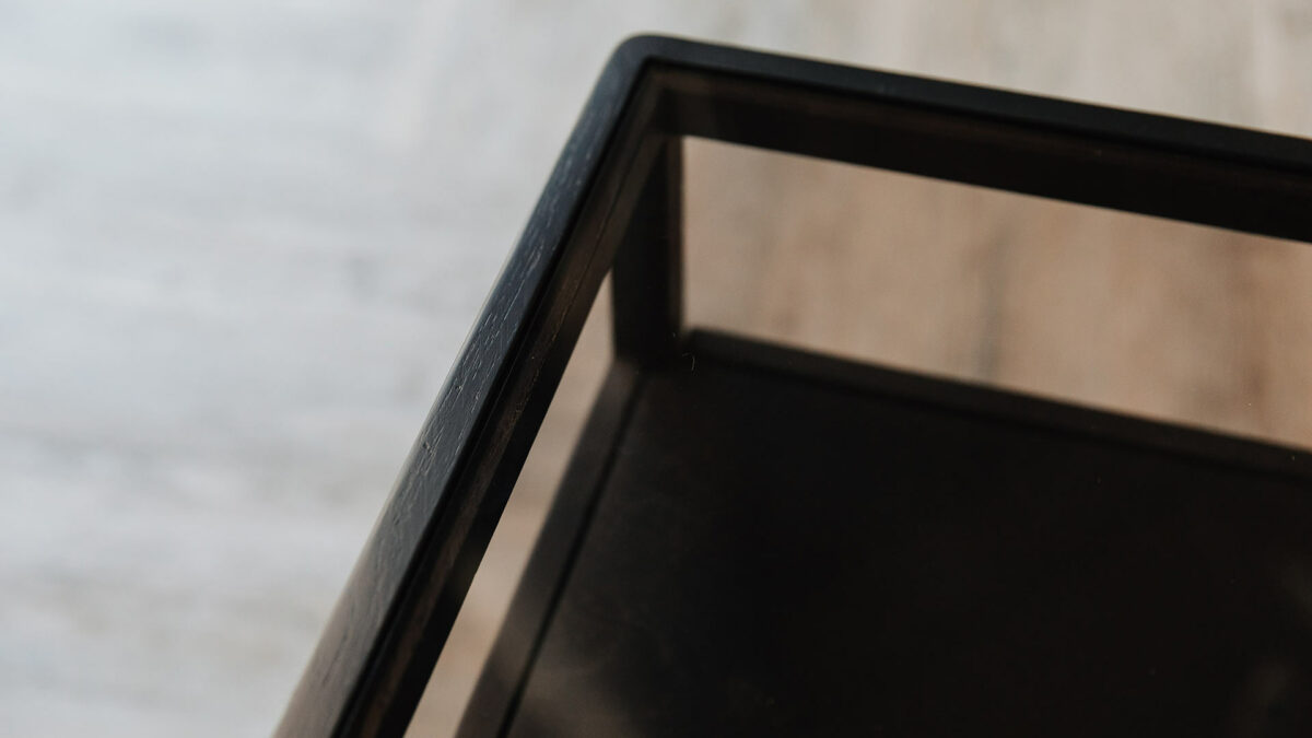 detail view of the black oak spindle bedside table