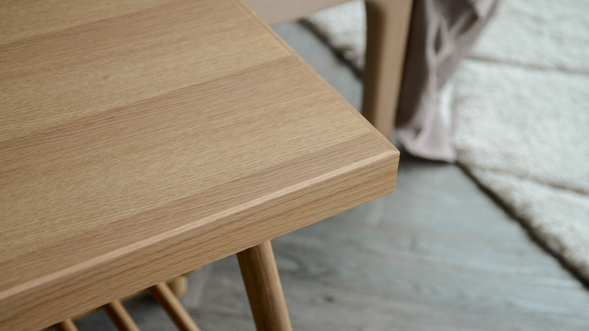 top view of the small oak bench with spindle storage shelf