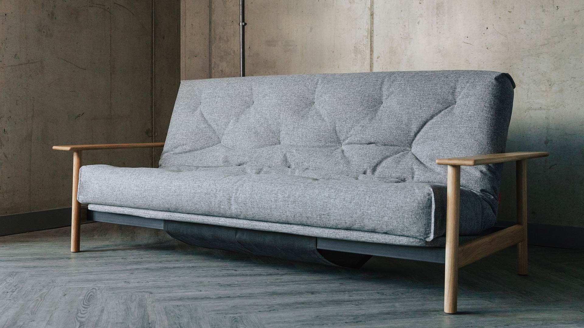 Mid Century Sofa Bed with Oak Armrests Natural Bed Company