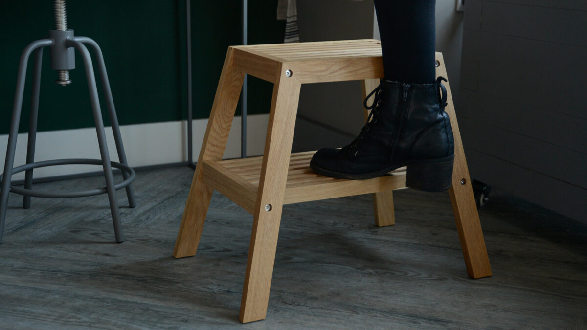 solid oak slatted step stool or side table with shelf