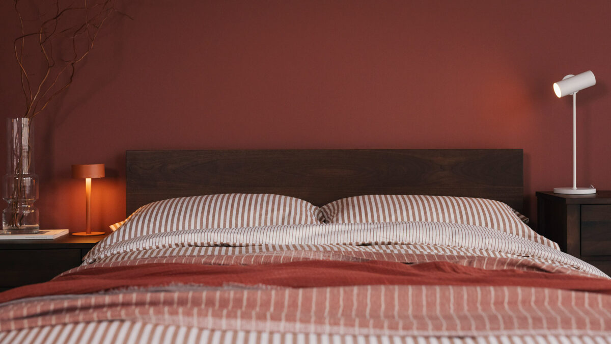 striped bedding ivory and brick red