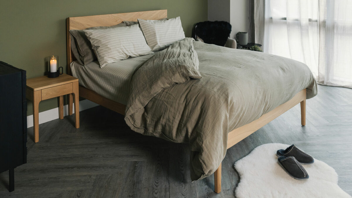 striped fitted sheet set with olive linen duvet cover