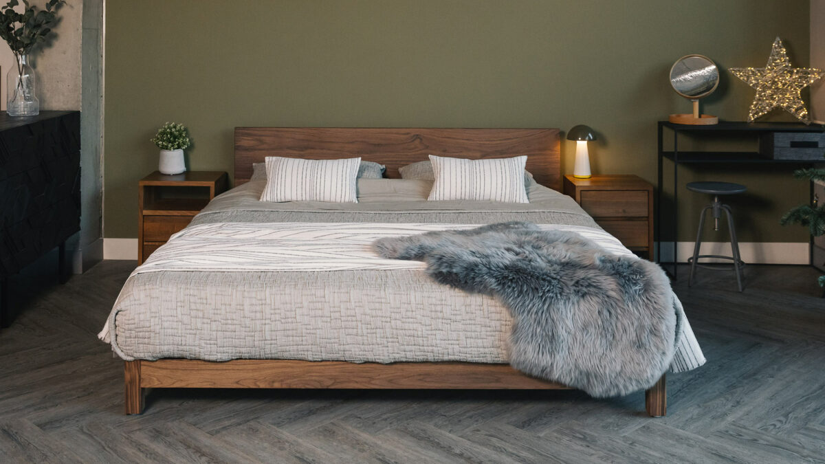 superking walnut sonora bed with silver grey sheepskin
