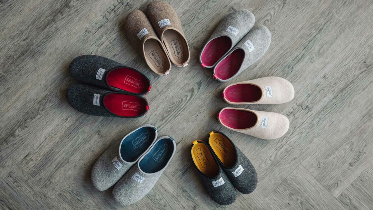 Felt look slippers made from recycled plastic and with natural rubber soles in a range of colours