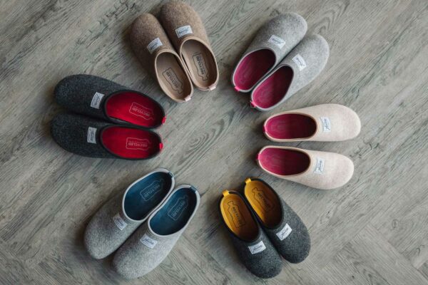 Felt look slippers made from recycled plastic and with natural rubber soles in a range of colours