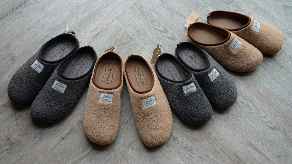 dark grey sheepskin look slippers with soles sustainably made from recycled bottles