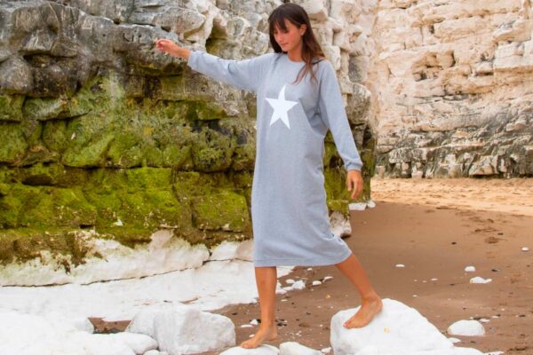 loose fitting sweatshirt dress in grey marl with star print