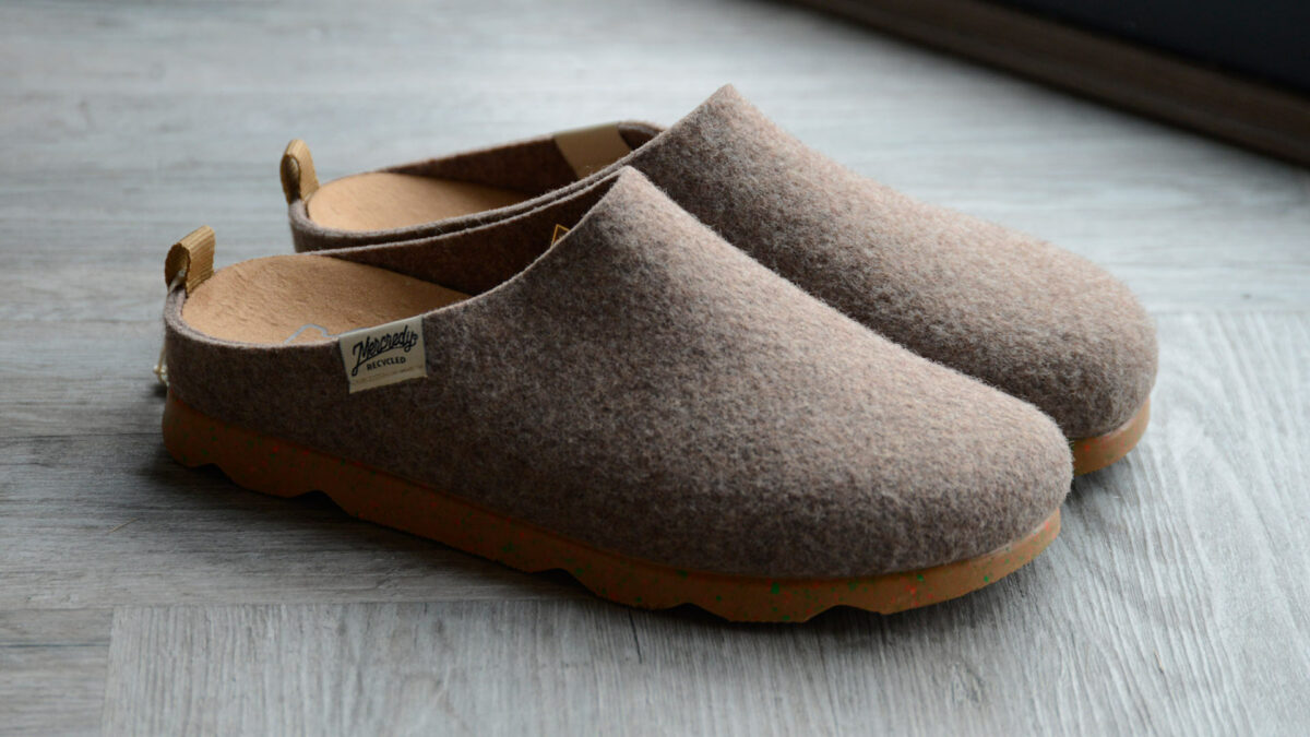 brown felt look slippers with chunky speckled soles sustainably made from recycled bottles