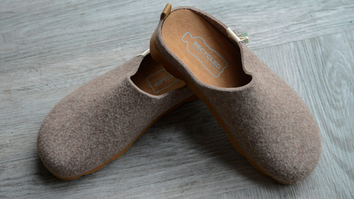 brown felt look slippers with chunky speckled soles sustainably made from recycled bottles