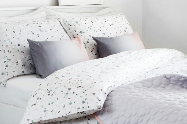 terrazzo duvet set with grey pink ombre cushions
