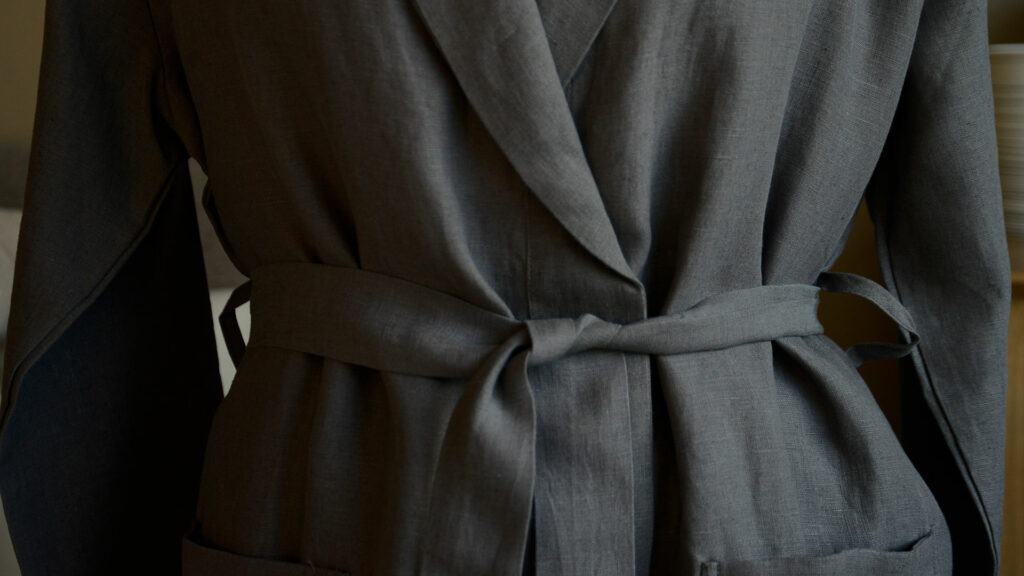 luxury organic linen dressing gown in charcoal grey