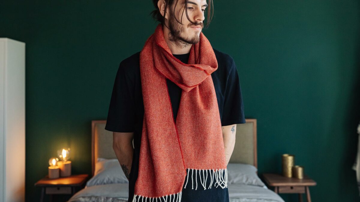 his or hers herringbone weave Merino wool scarf in red