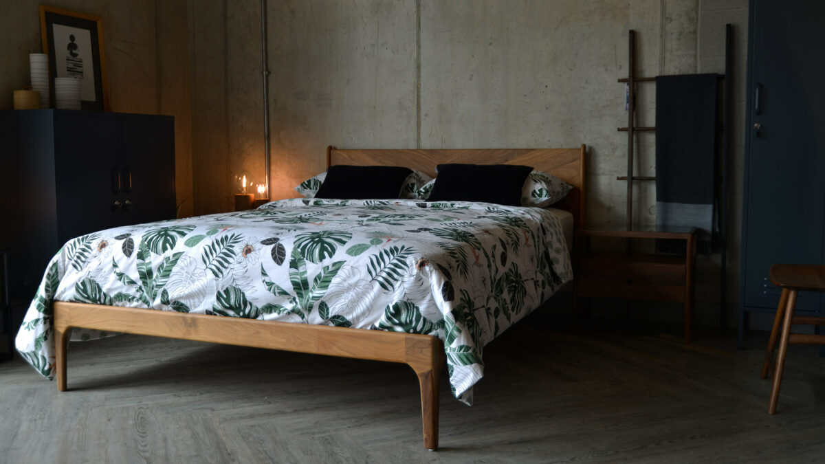 tropical leaf print reversible bedding on hoxton