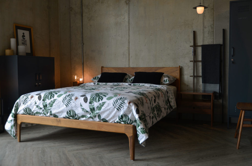 Our Hoxton wooden bed with Chevron headboard for a mid-century style bedroom