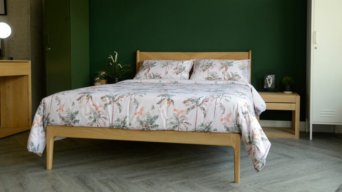 tropical print bedding on our solid oak Hoxton bed