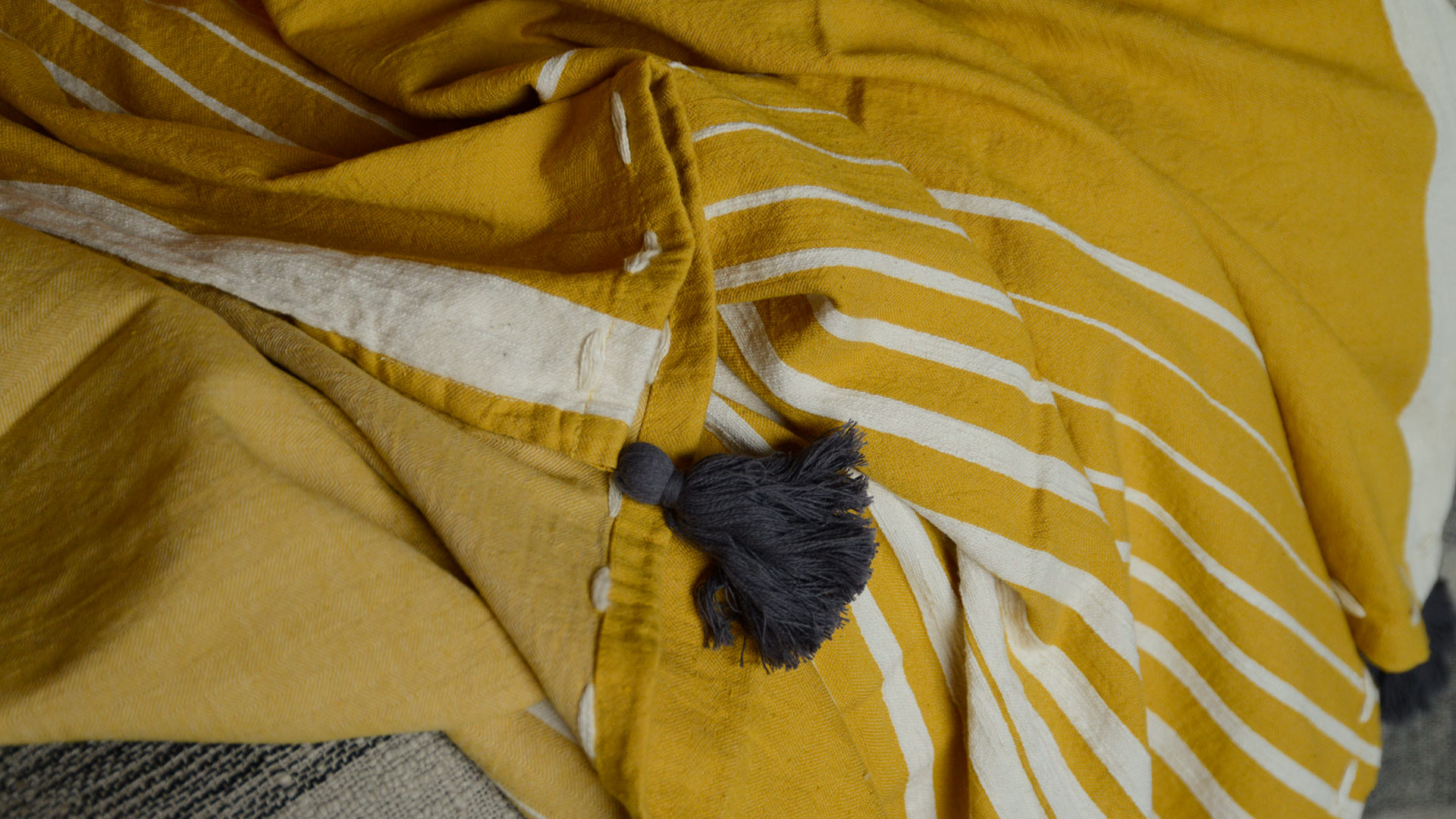 Yellow Striped Throw with Grey Tassels Natural Bed Company