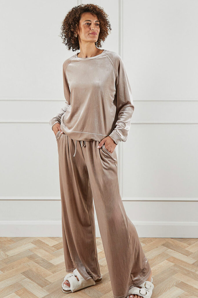 velour top and bottoms champagne portrait