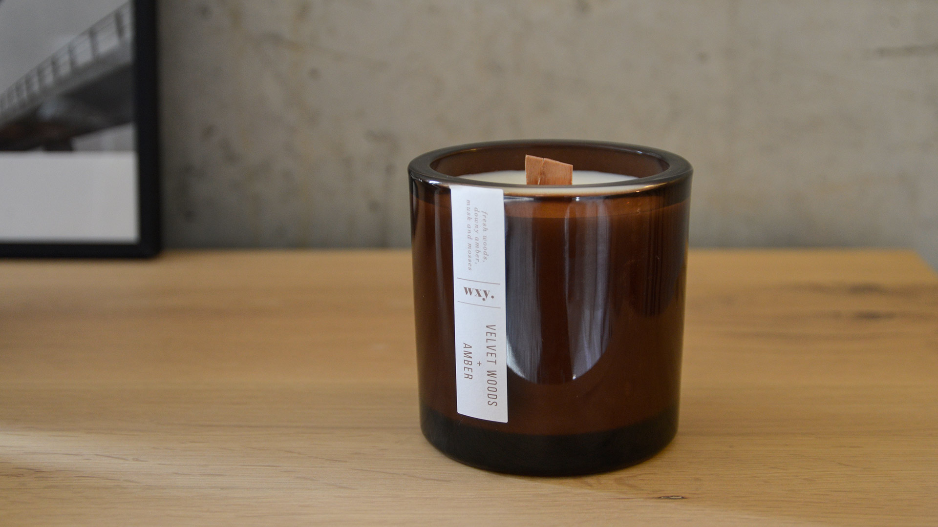 wood wick candles - scented candles - velvet woods and amber