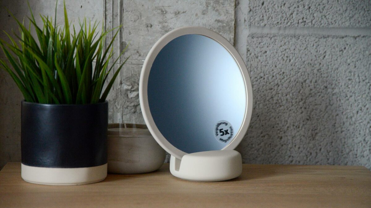 very pale dove grey mirror with base