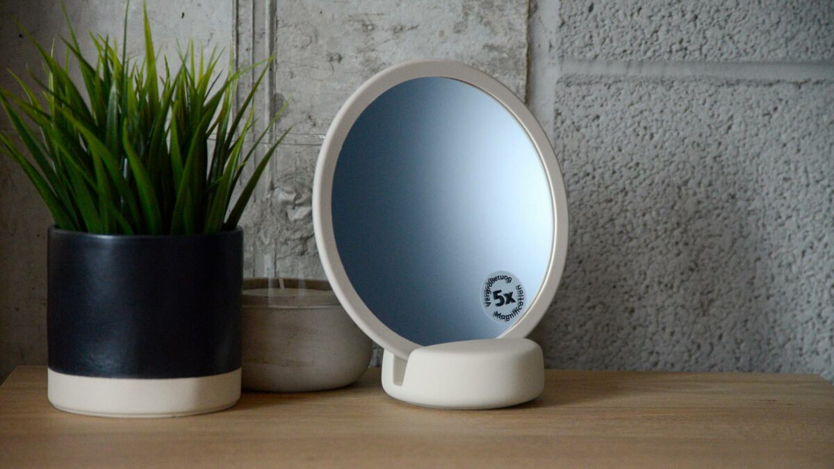 soft touch magnifying mirror on a stand