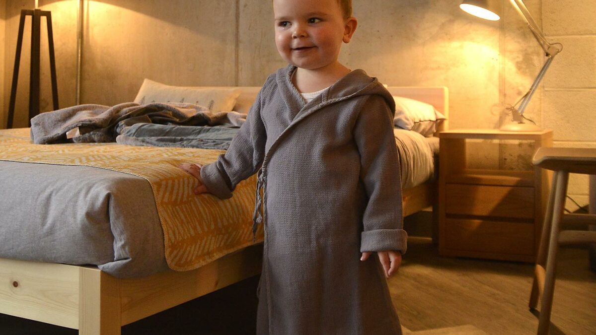 vinnie in grey hooded robe full length
