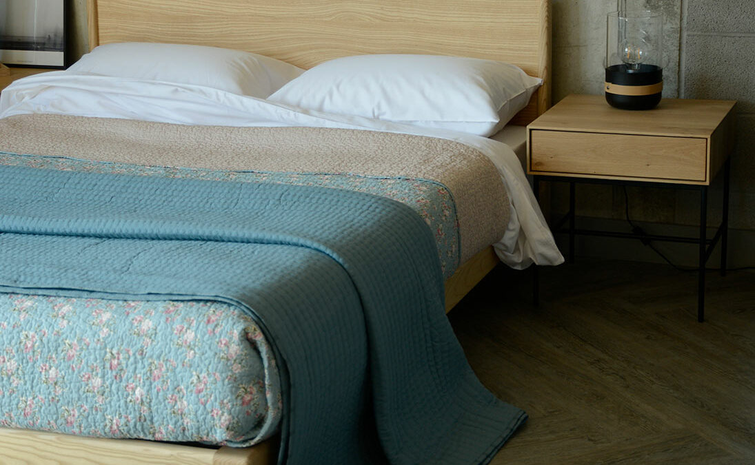 ash Carnaby bed with classic blue bedding