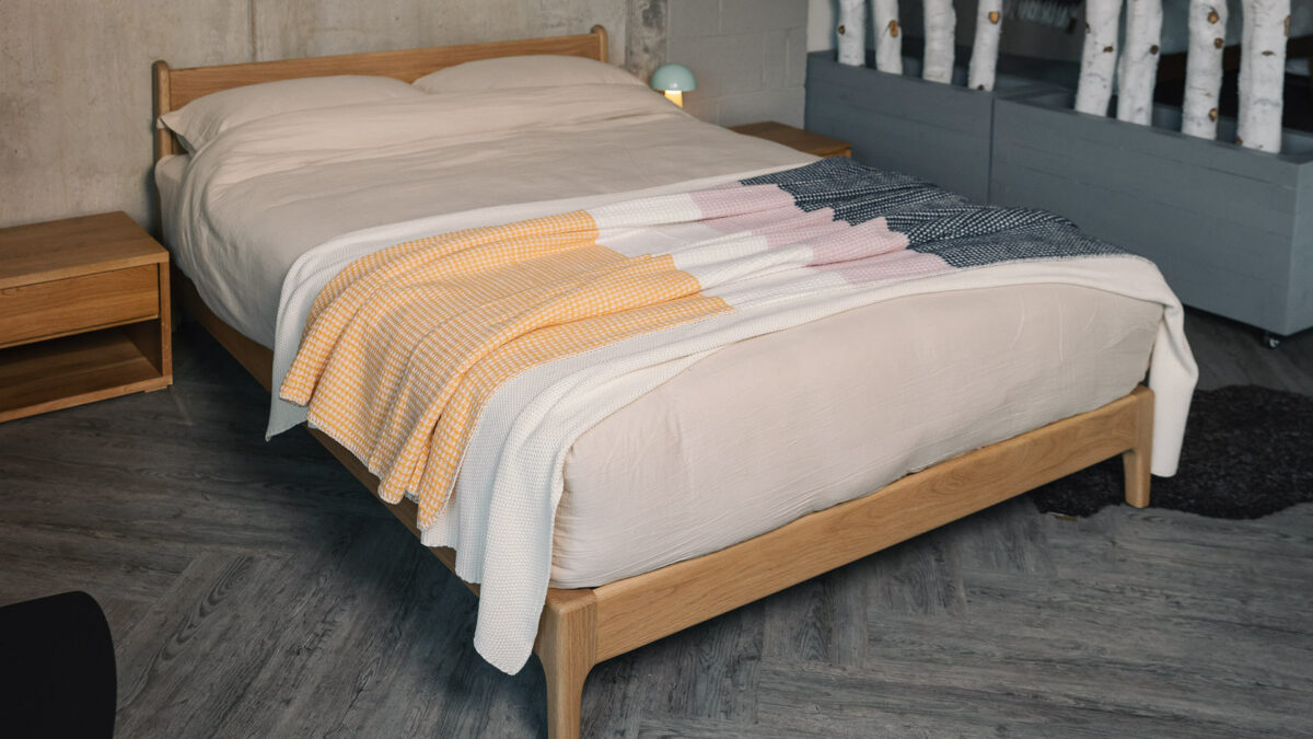 waffle knit throw in navy and pink