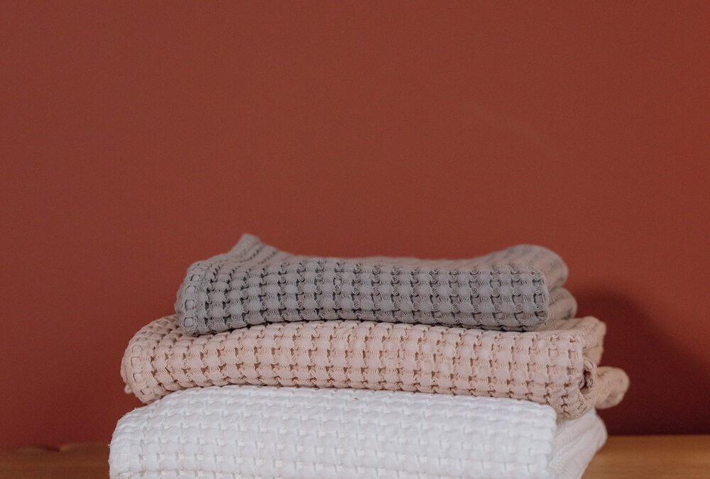 waffle towels in grey white and blush pink