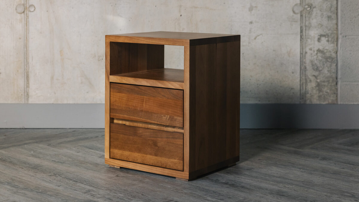 solid walnut wood two drawer bedside table with open shelf