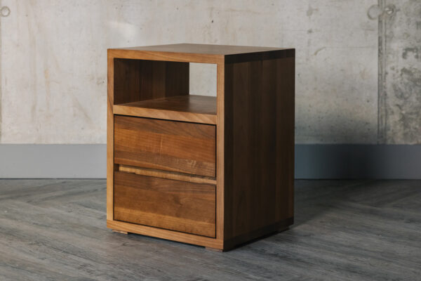 solid walnut wood two drawer bedside table with open shelf