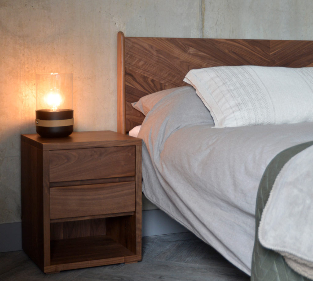 Cube Bedside table with 2 drawers in Walnut to match our Walnut Hoxton Bed