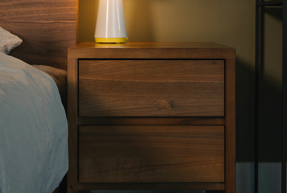 walnut 2 drawer cube with mushroom light portrait