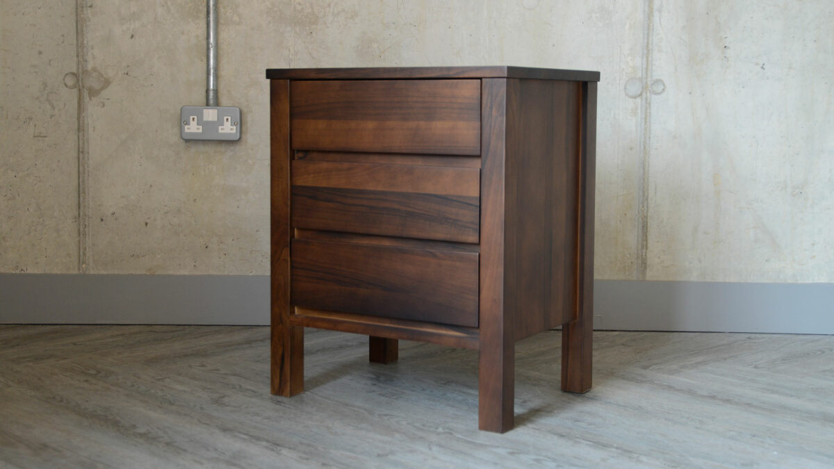 walnut 3 drawer bedside unit smoked finish
