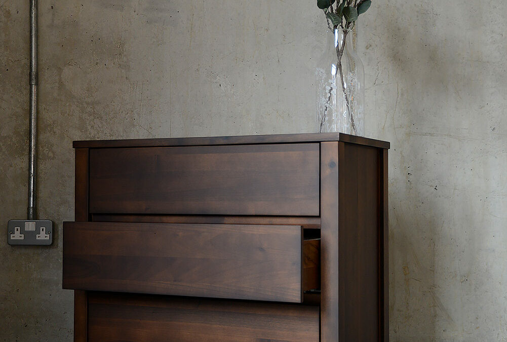 walnut 3 drawer chest smoked finish portrait